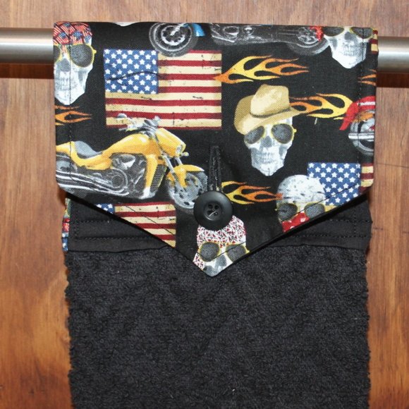 AMERICAN FLAG, MOTORCYCLE, SKULL HANDMADE HANGING KITCHEN BLACK COTTON HANDTOWEL - Picture 1 of 4